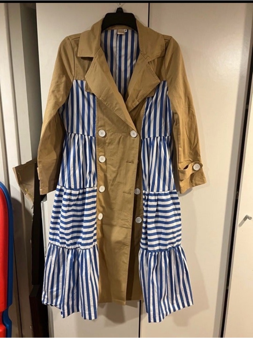 Tan and Blue Striped Trench Dress - Sz Medium